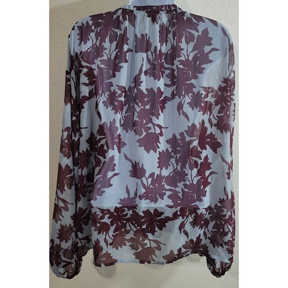 A New Day Blue Burgundy Sheer Floral Top XXL Band Collar Long Sleeves Soft - Picture 2 of 5
